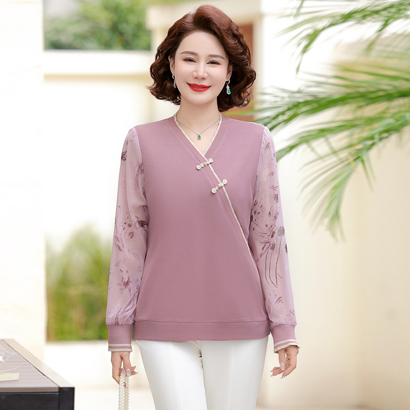 Moda mãe primavera camiseta de manga comprida 40 anos 50 mulheres de meia-idade estilo ocidental camisa pequena de meia-