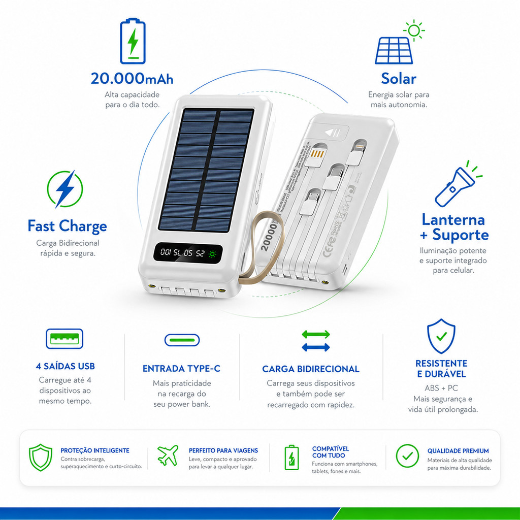 Power Bank Solar 20.000mAh com Iluminação e Carregamento Rápido 4 Saídas 1 Porta Type-C Branco