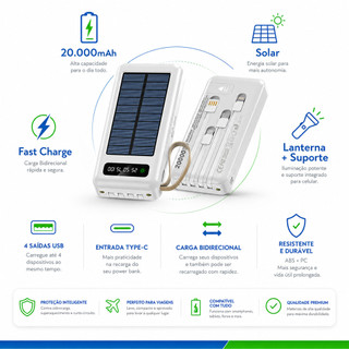 Power Bank Solar 20.000mAh com Iluminação e Carregamento Rápido 4 Saídas 1 Porta Type-C Branco