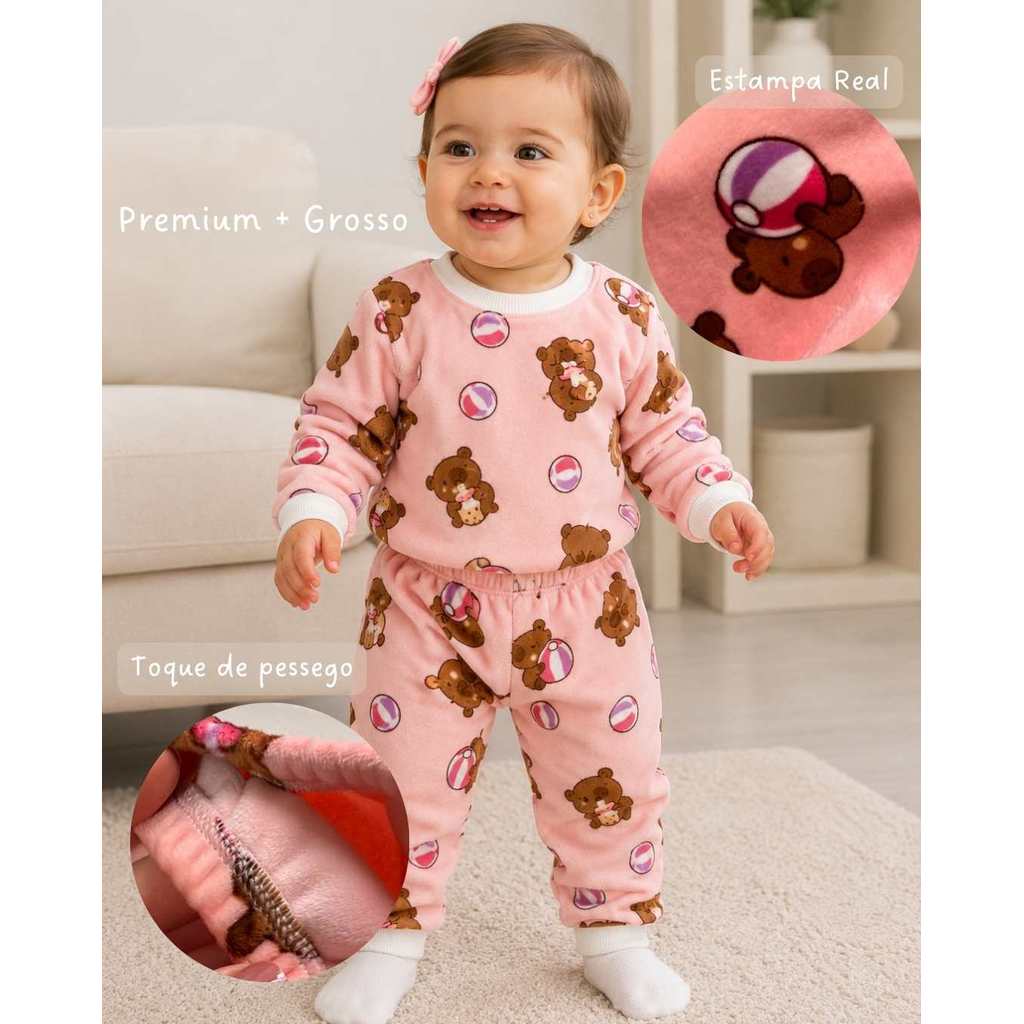 Conjunto Fleece Infantil Pijama Bebê Inverno Peluciado Unissex 0 à 4 Anos