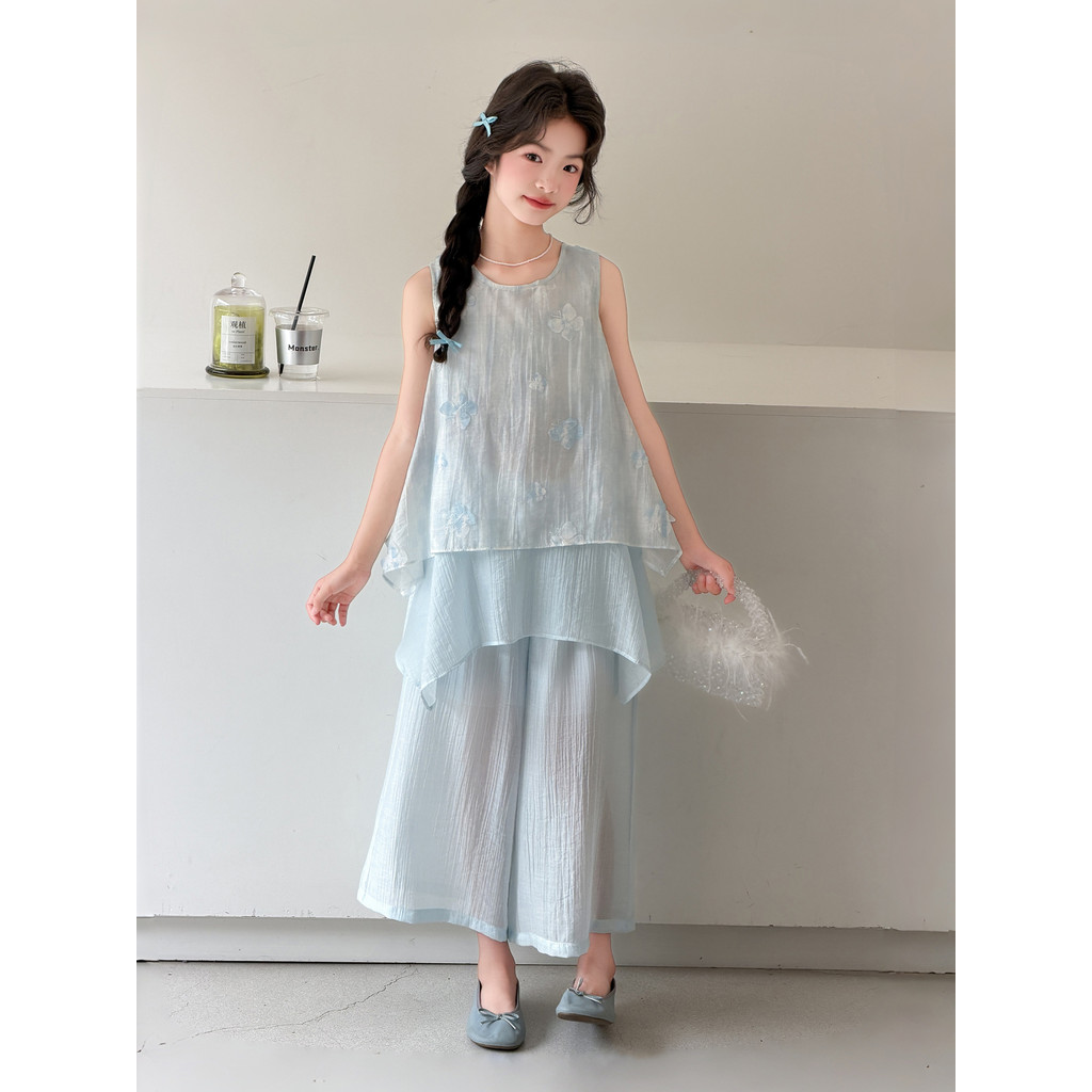 Grande menina crianças colete conjunto 2026 verão novo estilo menina moda crianças verão calças de perna larga Chiffon c