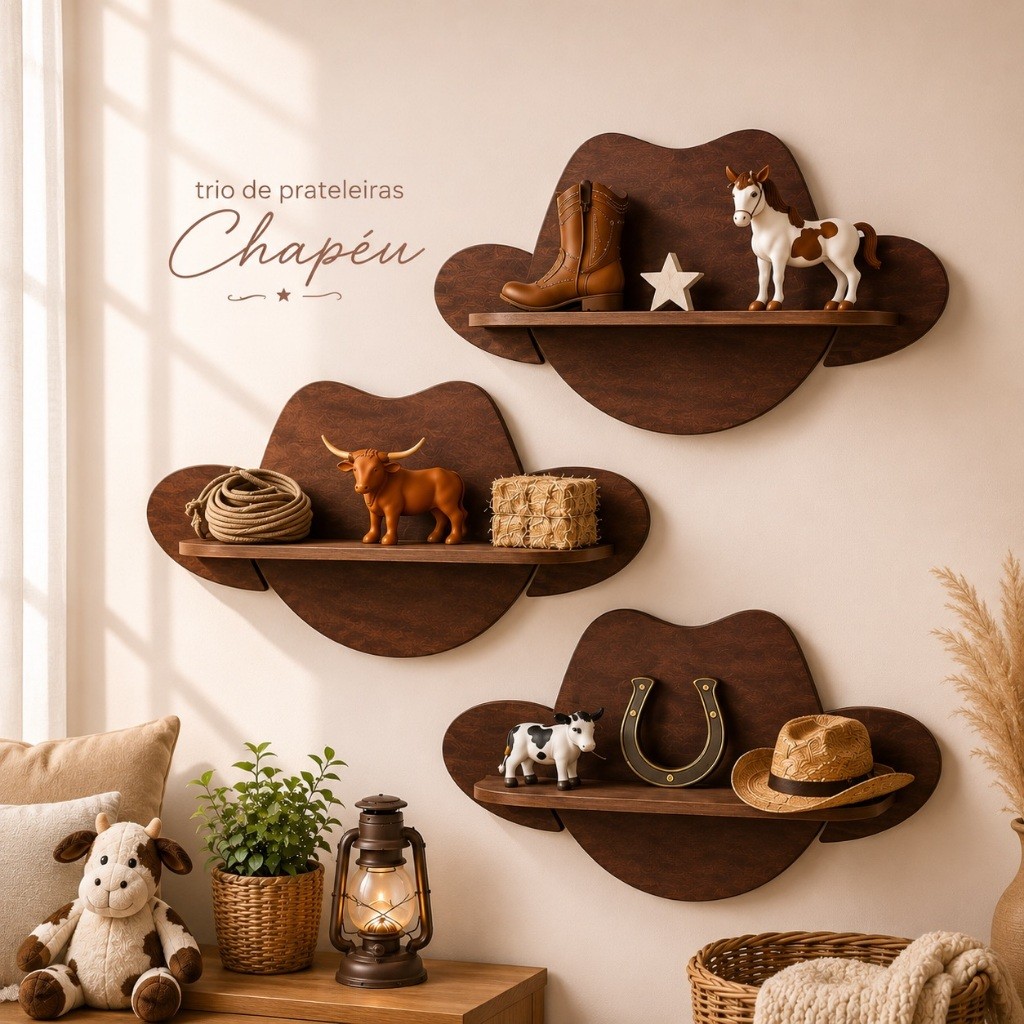 Kit Prateleira Chapéu Fazendinha Cowboy Cowgirl Boiadeira Boiadeiro MDF 3 Un Quarto Bebê Decoração