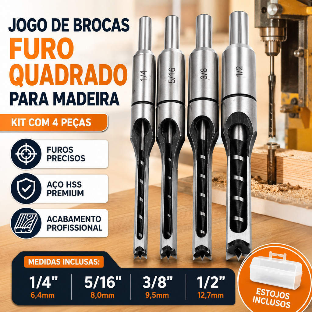 Kit Jogo 4 Brocas Furo Quadrado Madeira Formao Quadrado 1/4 5/16 3/8 1/2 Furadeira Bancada