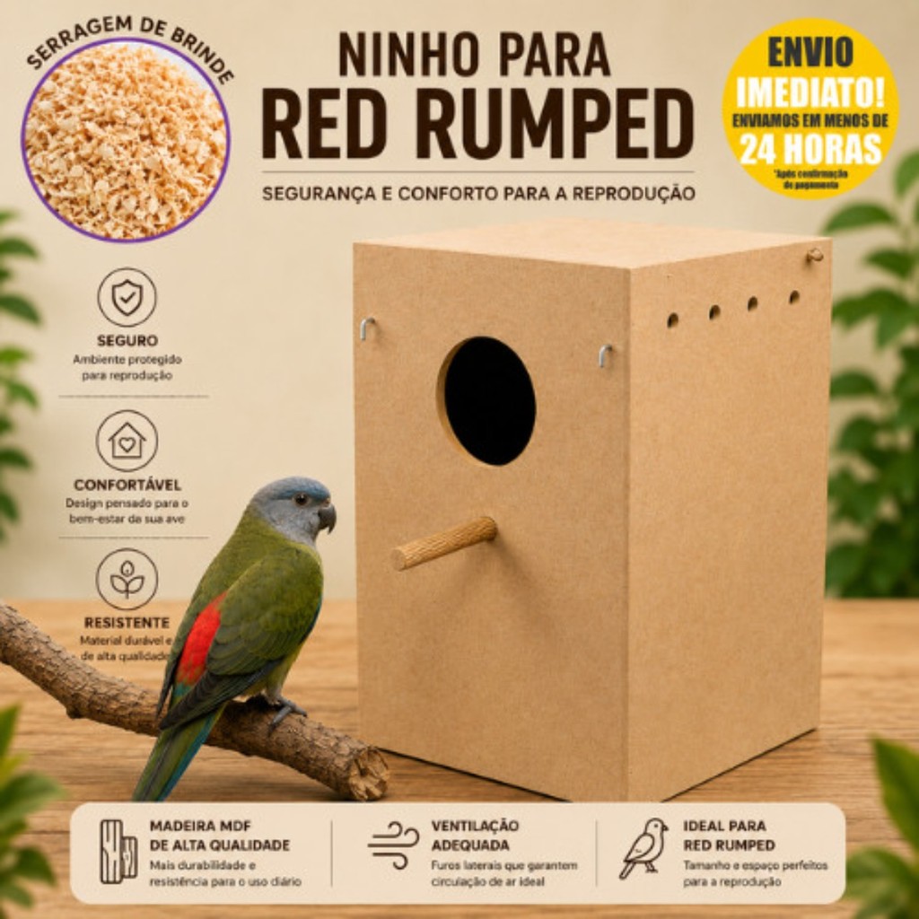 Ninho Vertical Para Red Rumped Ring Neck Rosela Gaiola E Viveiro Em Madeira MDF + Serragem