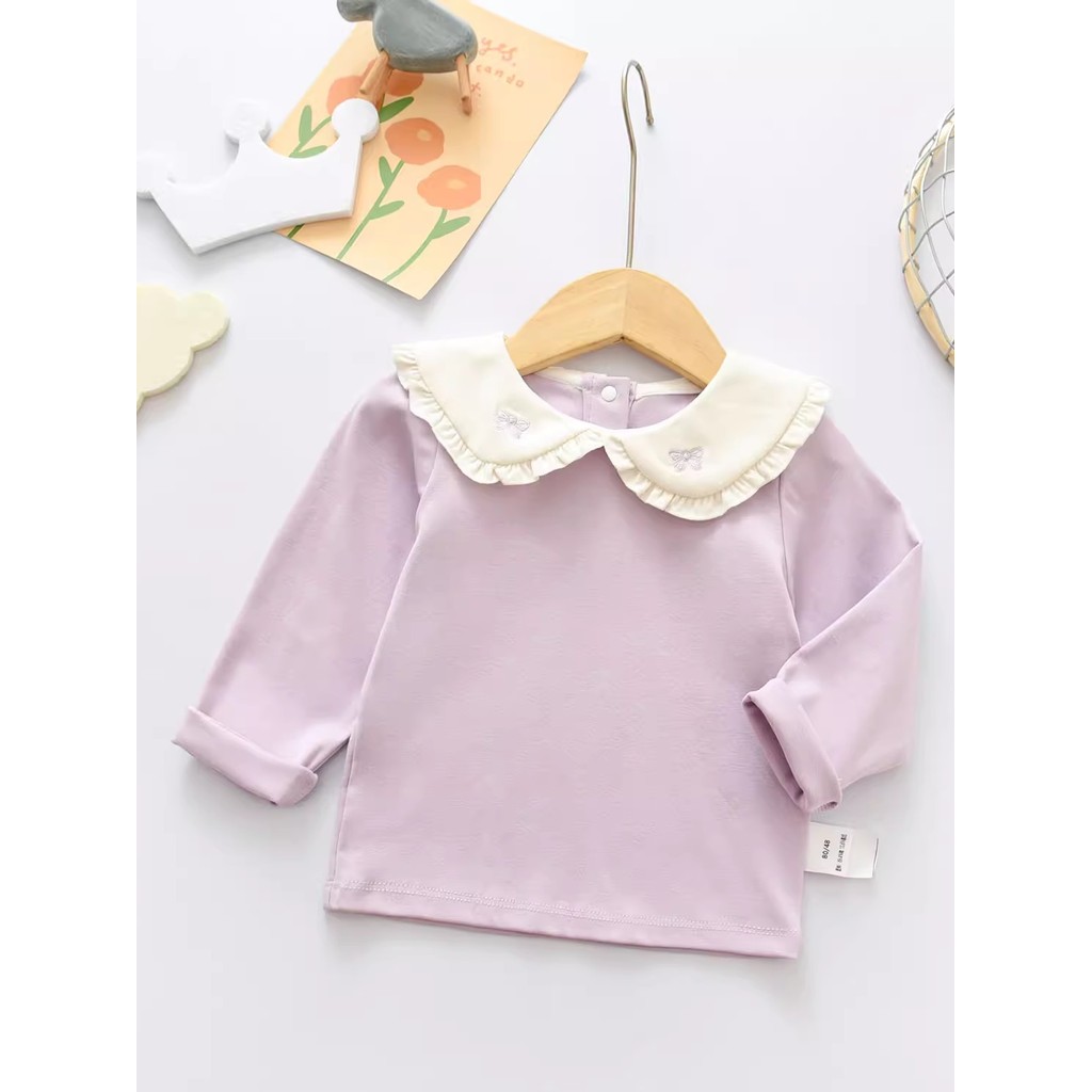 Primavera outono bebê exterior Wear estilo ocidental gola de boneca manga comprida topo bebê versão coreana camiseta 1-3