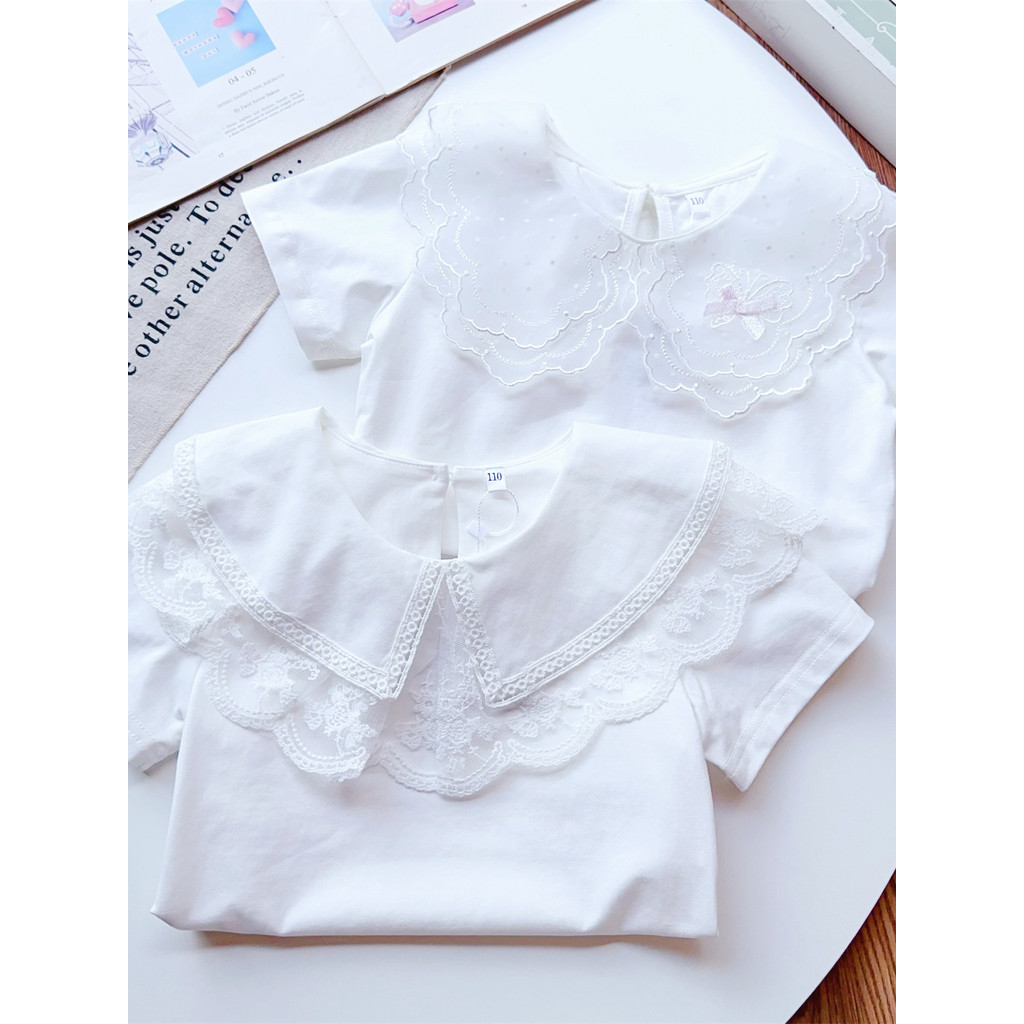Doce menina gelo porcelana algodão manga curta camiseta crianças estilo ocidental renda lapela camisa branca bebê solto 