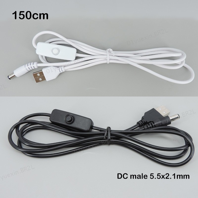150cm 5V USB Macho Para DC Alimentação Branco Preto Fonte 5.5x2.1mm Cabo Liga/Desliga 501 Botão Interruptor Fio De Exten
