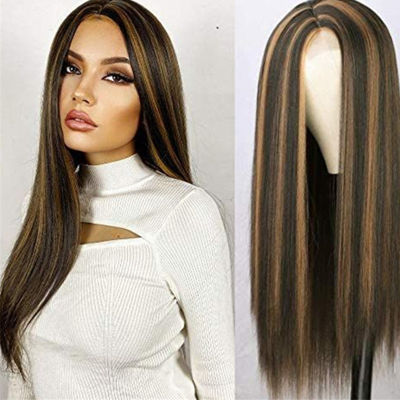 Peruca feminina moda comprimento médio longo cabelo reto destaque gradiente cor química cabelo longo feminino arnês comp