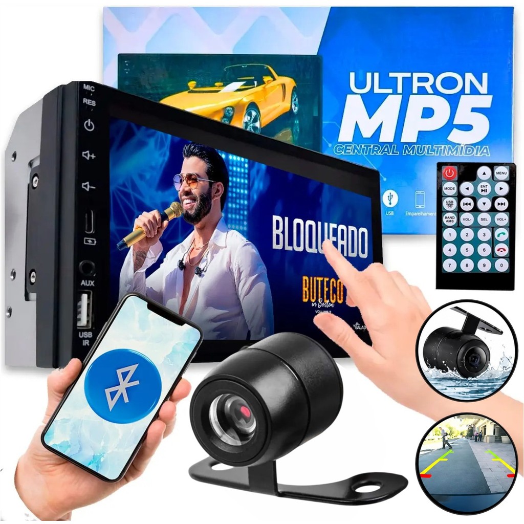 Central Multimídia MP5 Ultron T1 2 Din 7 pol Espelhamento + Câmera Ré Permak 2x1 Borboleta Universal