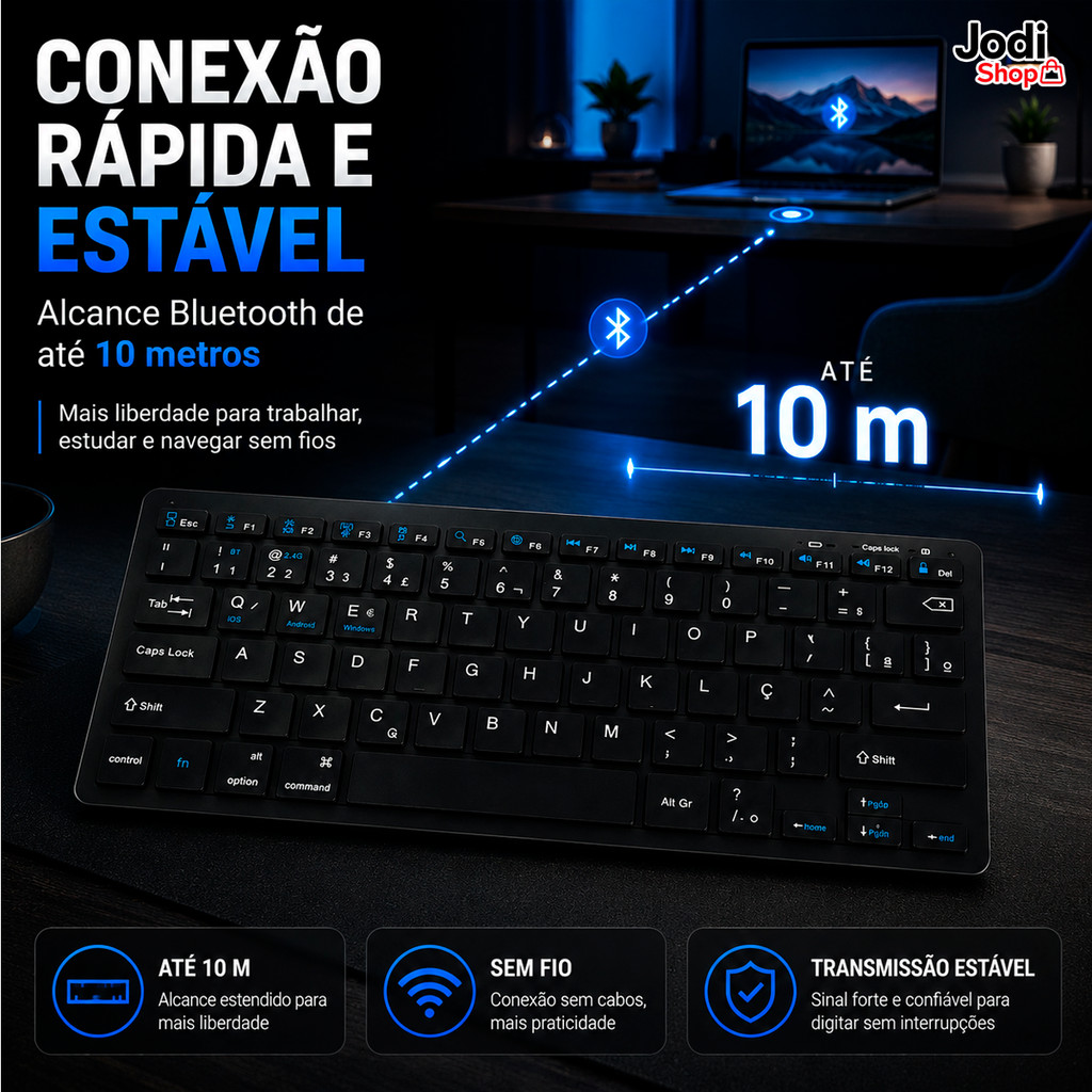 Teclado Bluetooth Portátil Fino Leve ABNT2 Para Android iOS Windows