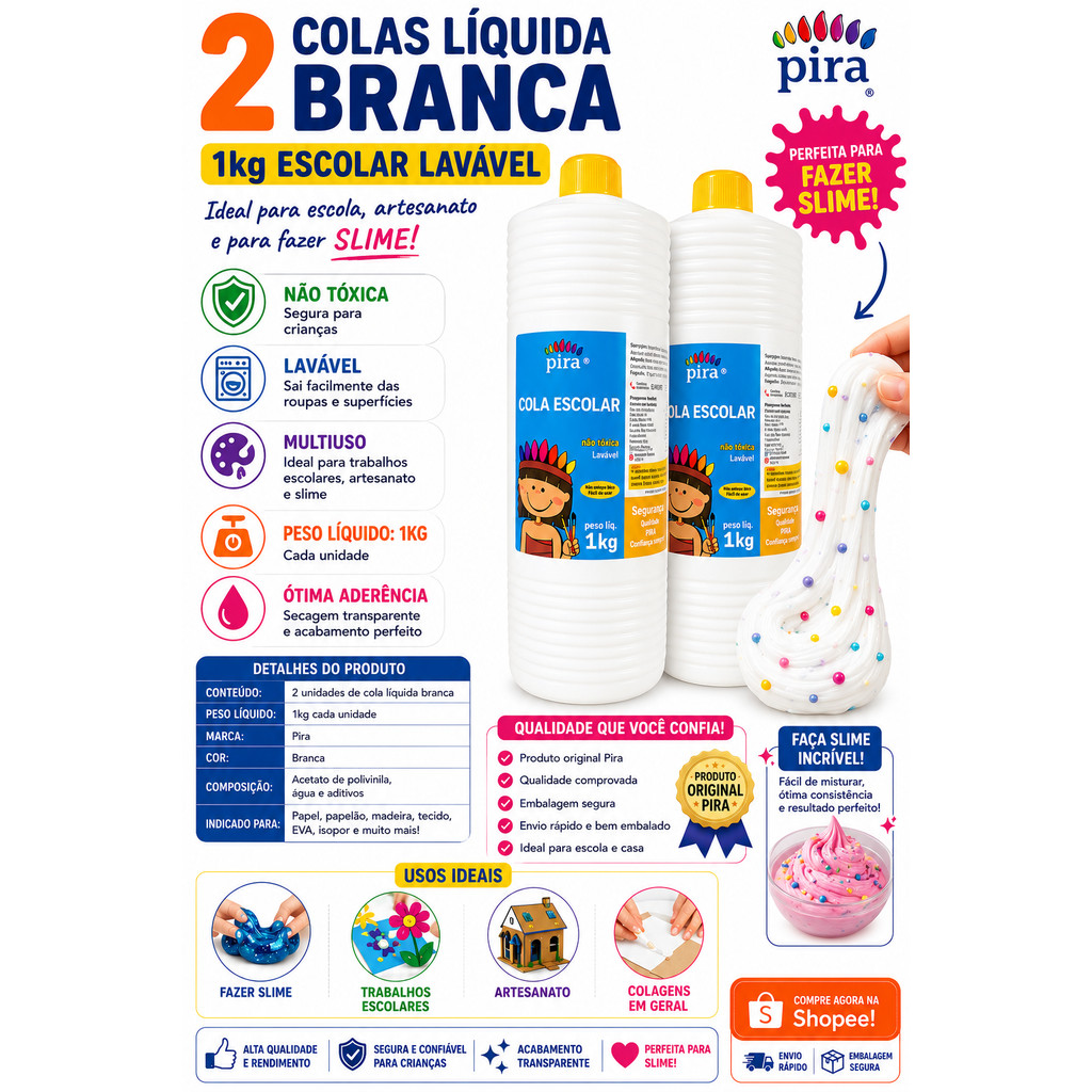 Kit 2 Cola Branca 1Kg Artesanato Escolar Lavável