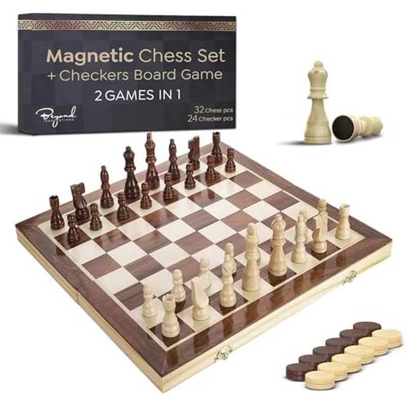  &amp; Checkers Board Game, 15” Foldable Chess Board | Solid Wood 2-in-1 Board Game for Adults with Storage Box, 2 Extra