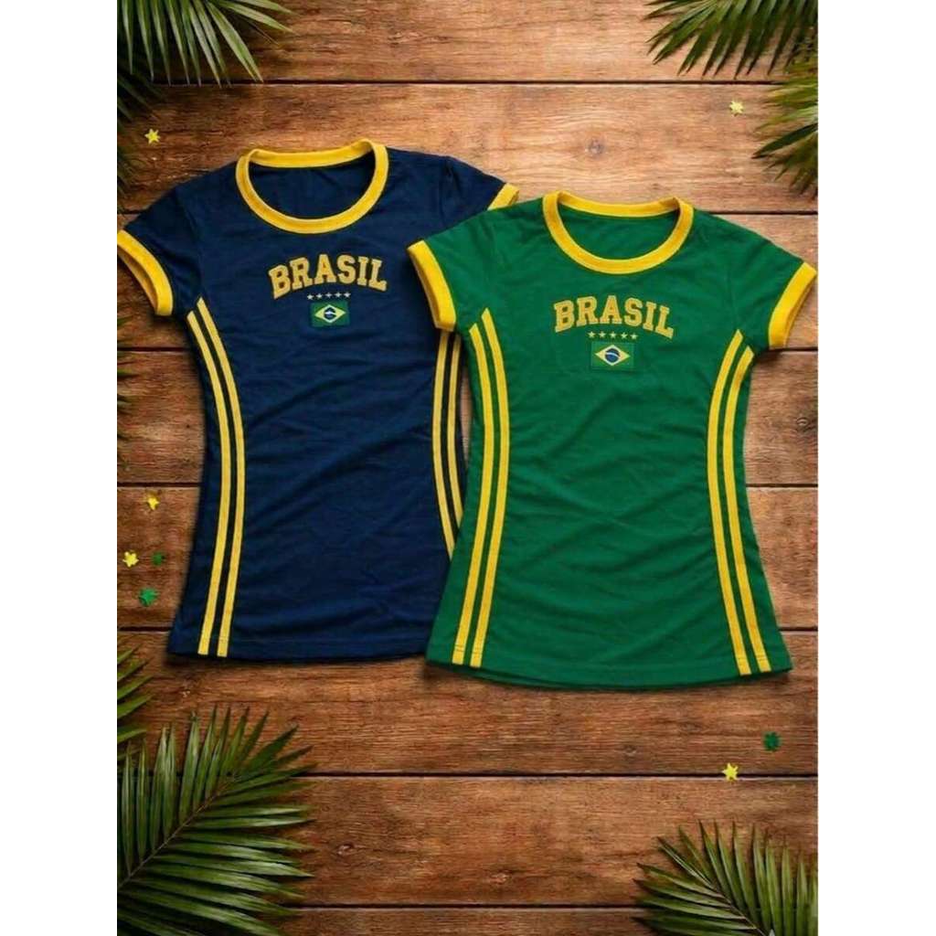 KIT Camiseta Feminina do Brasil Com Bordado e Listras Laterais Justa