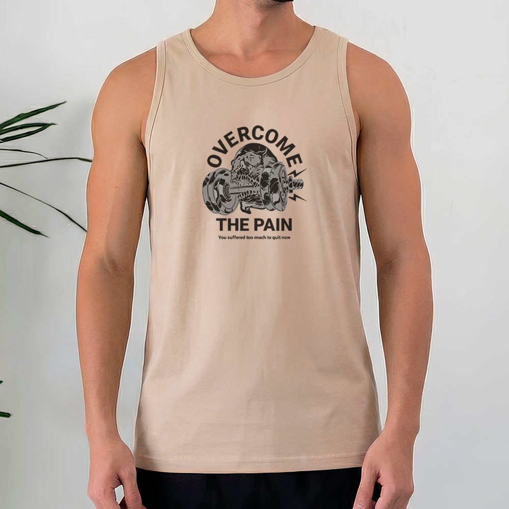Camiseta Regata Masculina 100% Algodão Overcome The Pain Caveira Halteres Treino Academia Fitness