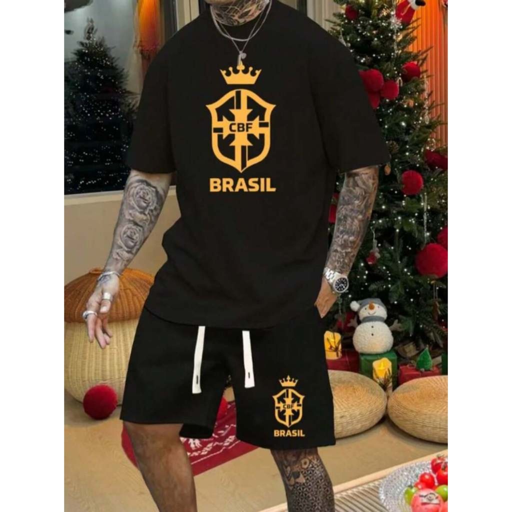kit Conjunto Masculino Brasil Camiseta Algodão+Shorts em Tactel Esportiva Copa Do Mundo Futebol  Brasileira
