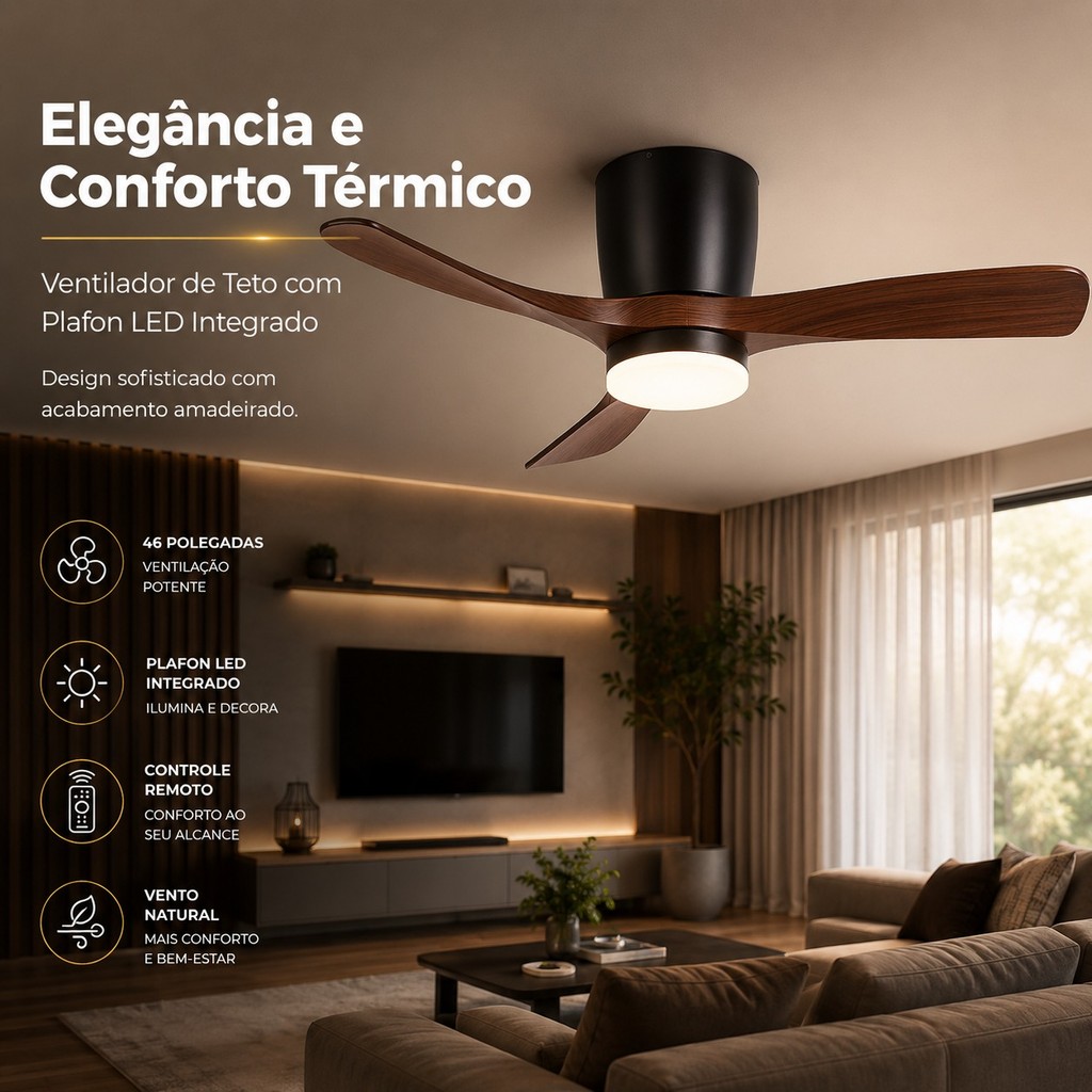 Ventilador De Teto Plafon Led Bivolt Controle Remoto Madeira