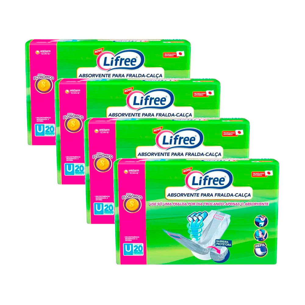 Kit 4 Absorvente Geriátrico Lifree para Fralda Calça Refil com 20 Unidades