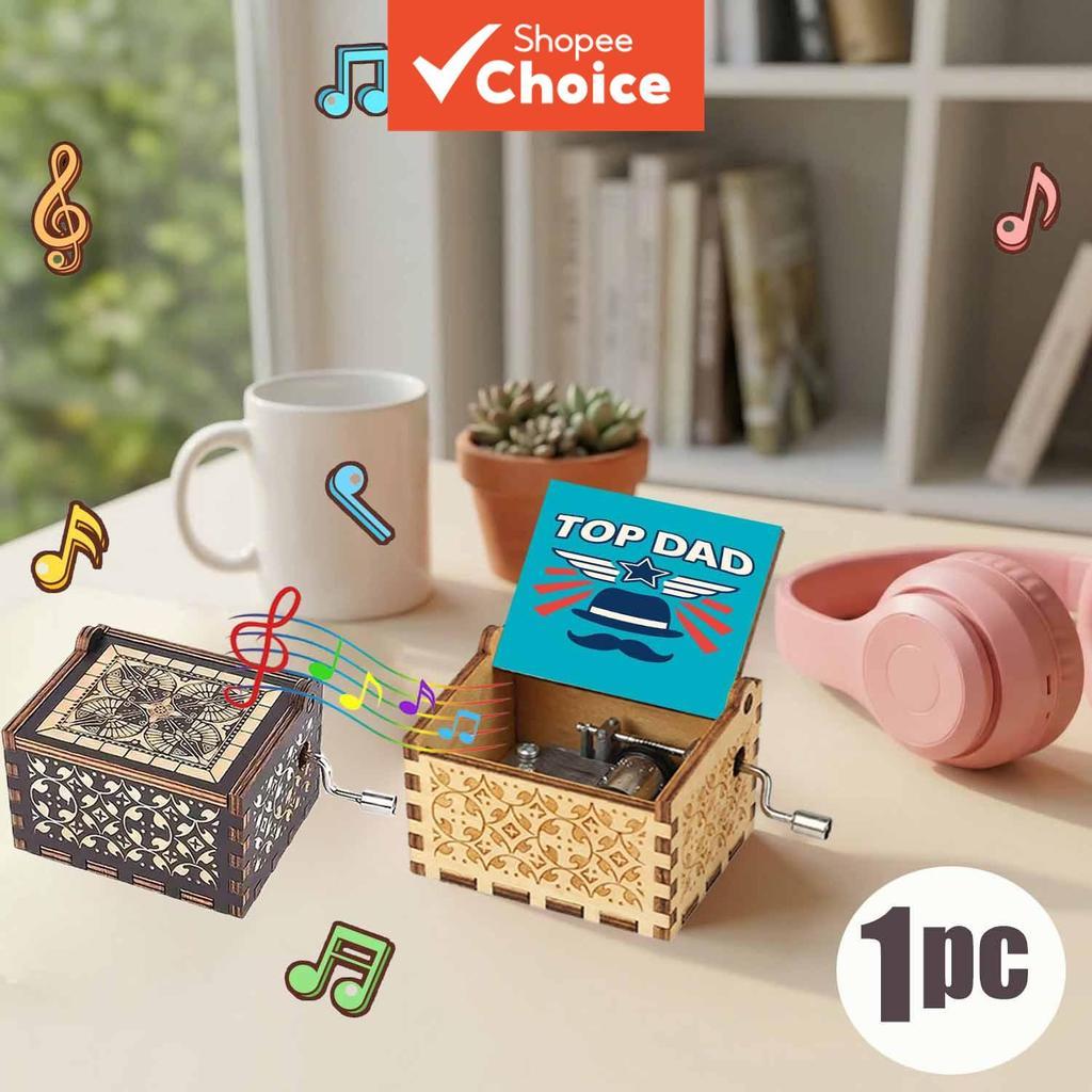 1 peça Distintivo de Pai Top na Moda com Chapéu e Bigode, Caixa de Música de Madeira Vintage Manivela Manual, Presentes