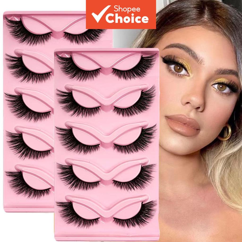 MXBEAUTY 5 Pares De Cílios Postiços Em L-Curl 3D – Olho De Gato Com Tira Completa , Pontas Aladas Inclinadas E Macias ,
