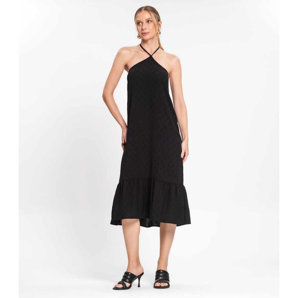 Vestido Midi de Alça e Babados em Air Flow Rovitex Preto