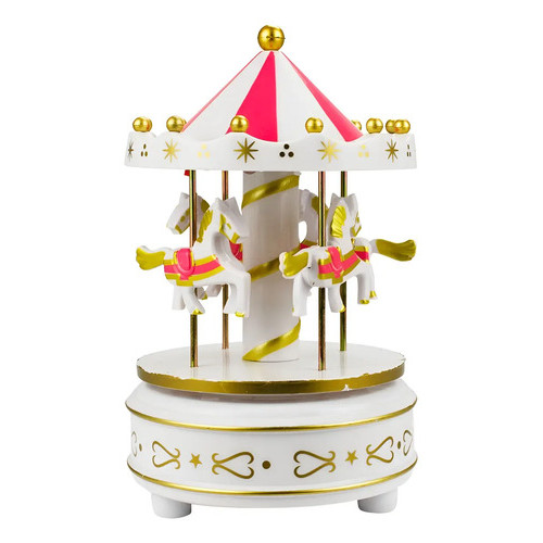 Mini Carrossel Branco Rosa Gira Música Luzes 17cm