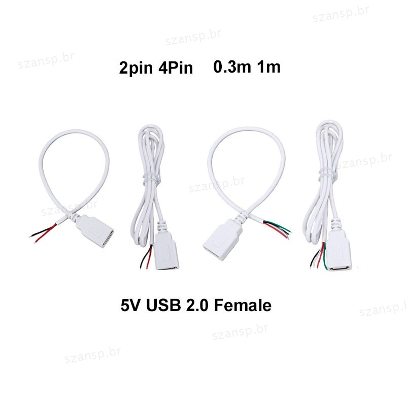 5V 2pin 4Pin USB 2.0 Fêmea Cabo De Alimentação Fio Jack Conector Extensão Carregamento Branco 0.3m 1m Para Acessórios Do