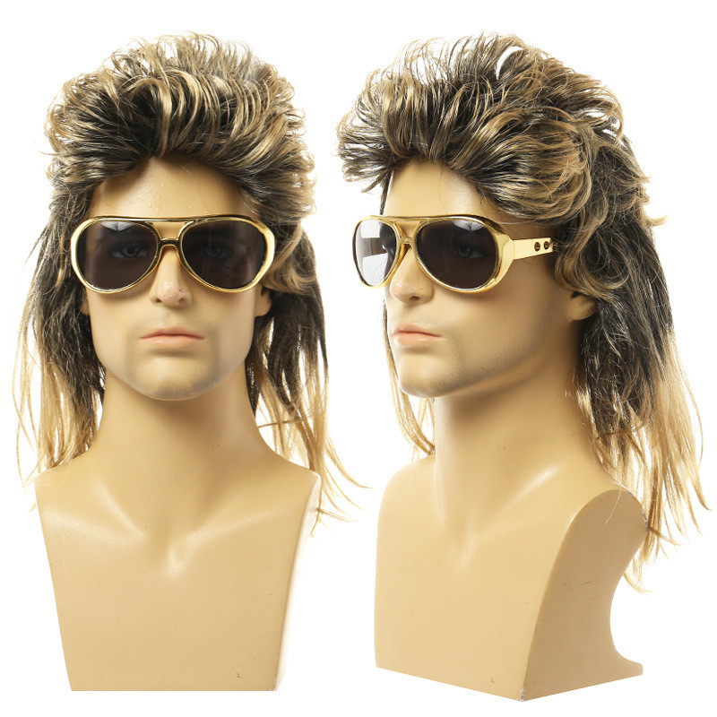 Europeu americano Rock peruca masculina Halloween Disco Mullet 80s Punk peruca cor misturada cabelo curto