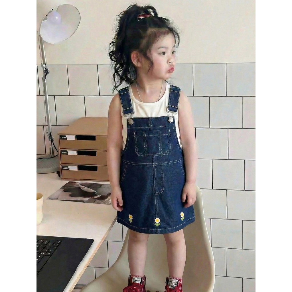 Conjunto Jeans Azul Feminino (Vestido E Macacão) , Ajuste Solto Casual Com Bolsos , Para 2 A 8 Anos ,