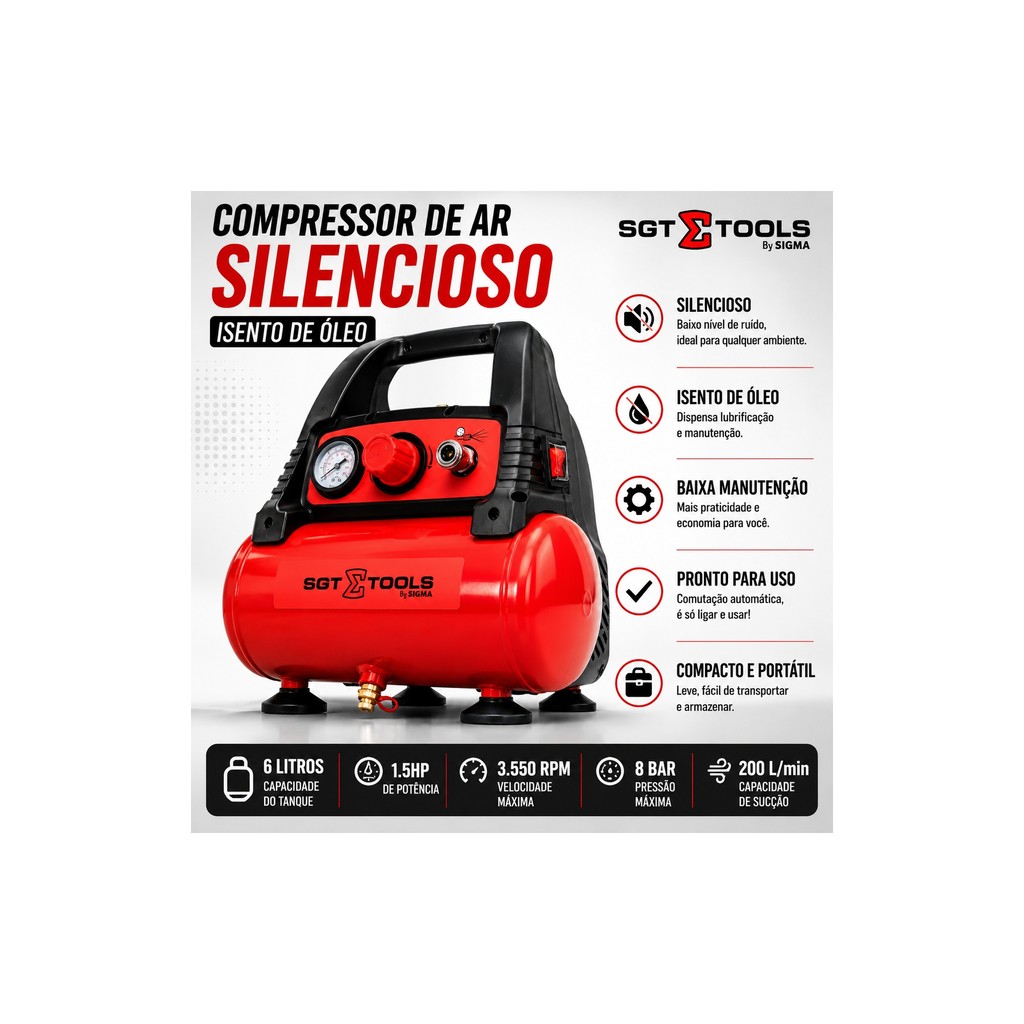 Compressor De Ar Profissional Sigma Tools 6L 1,5HP Oil Free 6PCM 115 PSI 220V