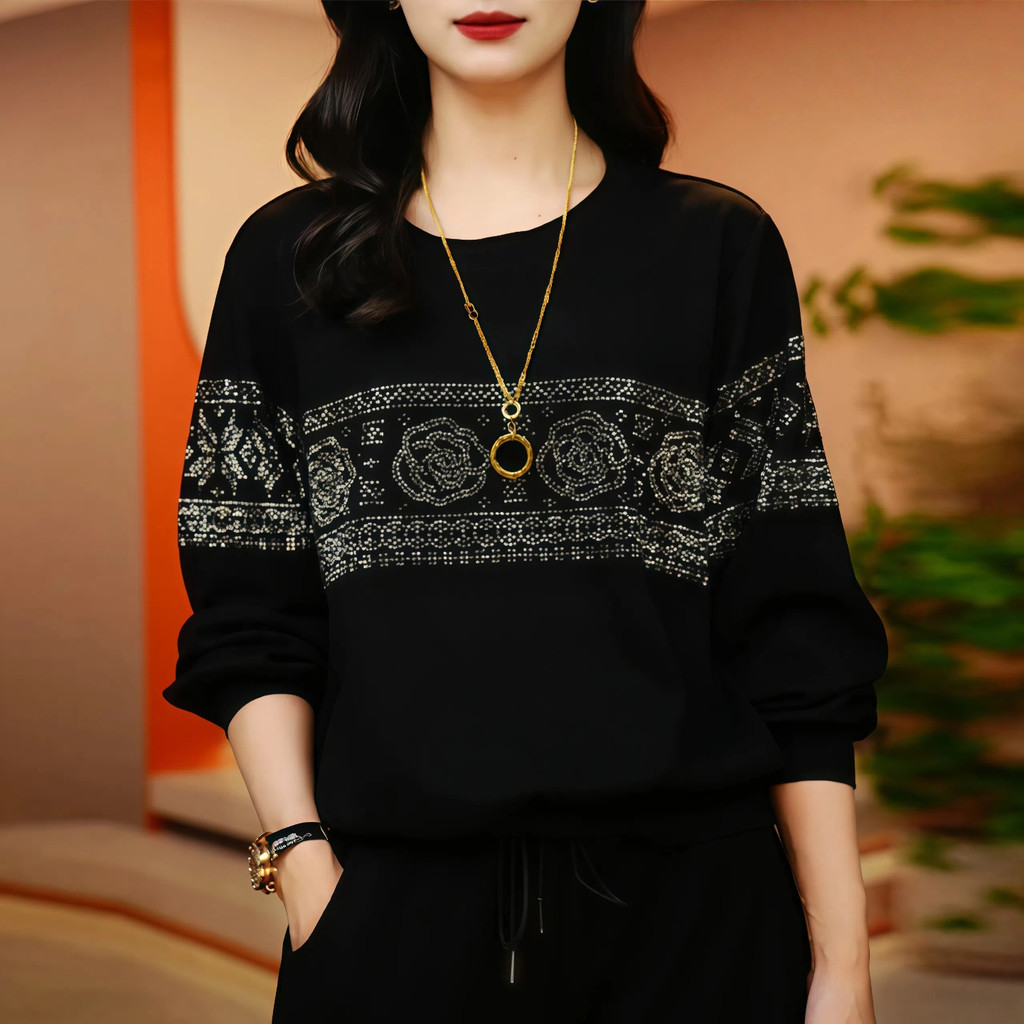 Moletom preto feminino de manga comprida camiseta primavera outono inverno novo estilo mãe estilo ocidental solto camisa