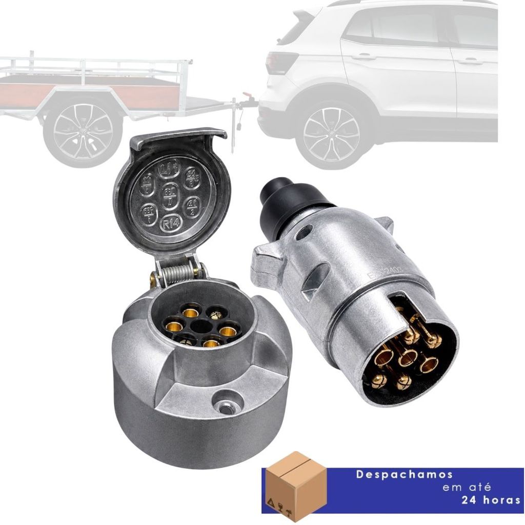 Kit Tomada Fêmea Alumínio + Plug Macho Alumínio 7 Polos ABS Para Engate Reboque Carretinha Trailer