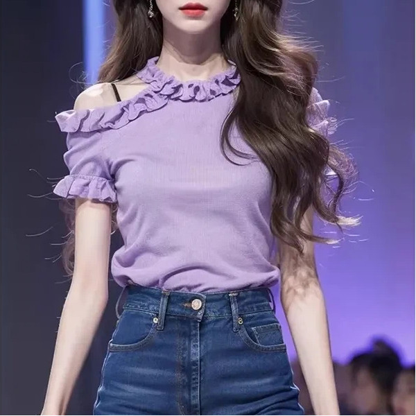 Nova Camisa De Renda Roxa Feminina Fora Do Ombro Suave Estilo Francês Topo