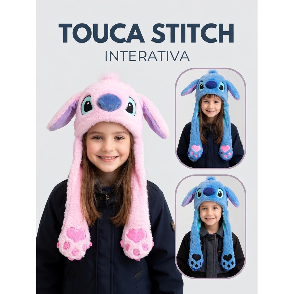 Touca Infantil Pelúcia Stitch Orelha que Levanta e Mexe – Gorro Frio Disney