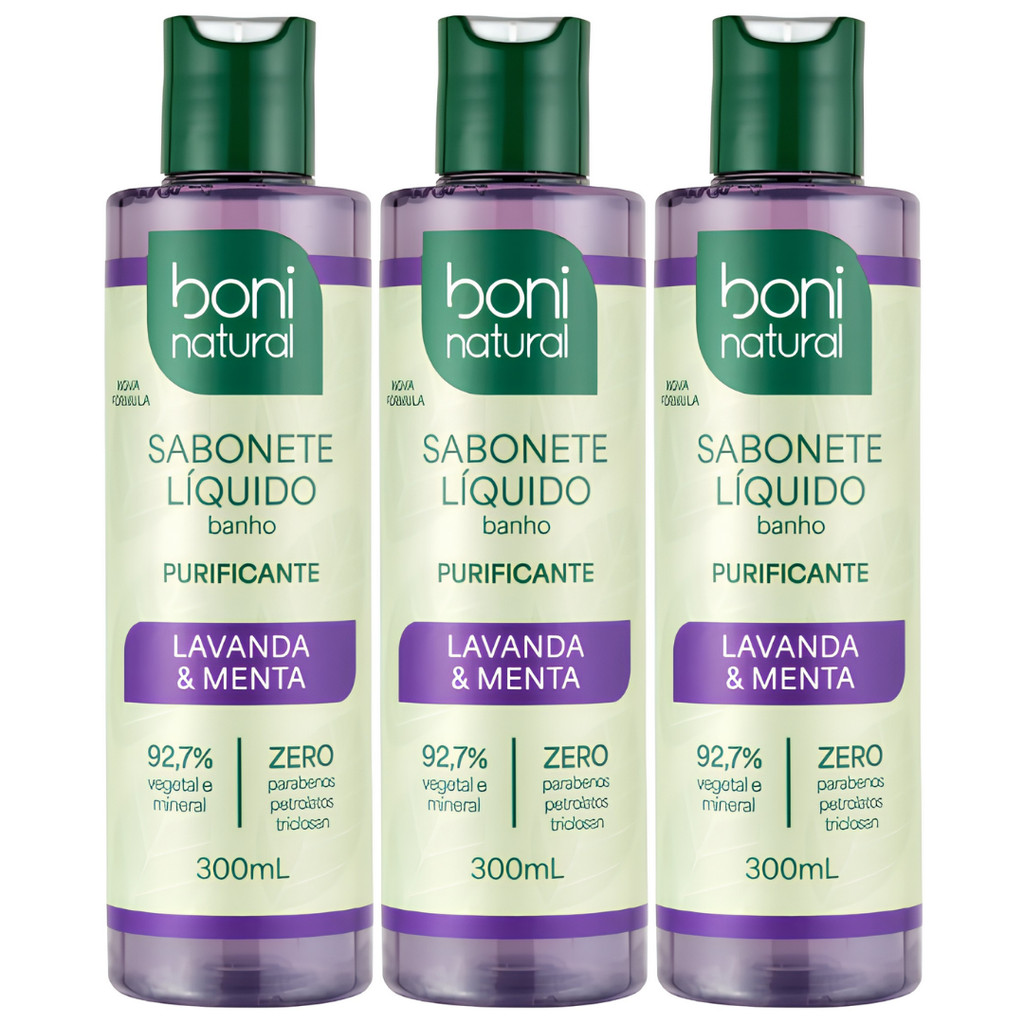 Kit 3 Sabonete Liquido Banho Boni Natural Lavanda Menta Purificante Vegano Sem Parabenos 300ml