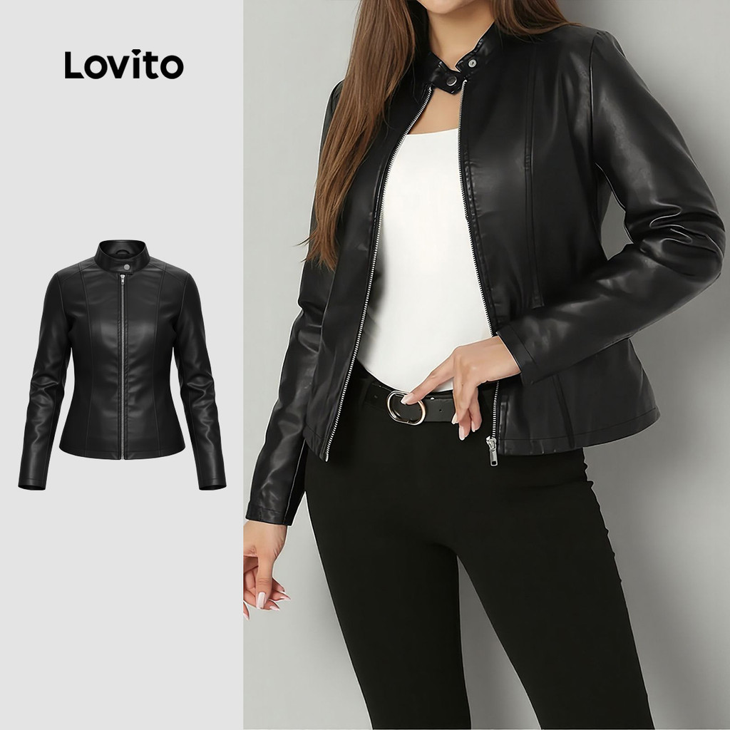 Lovito Jaqueta Casual com Zíper e Botões Preta Outono/inverno para Mulheres LK6LD412