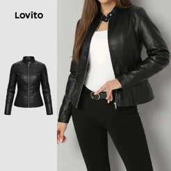 Lovito Jaqueta Casual com Zíper e Botões Preta Outono/inverno para Mulheres LK6LD412