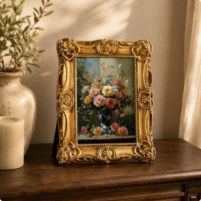 [Fineblue] Moldura De Resina Ornamentada SiaBiced , Aparência Francesa , Foto Esculpida Floral Para Exibição De Mesa