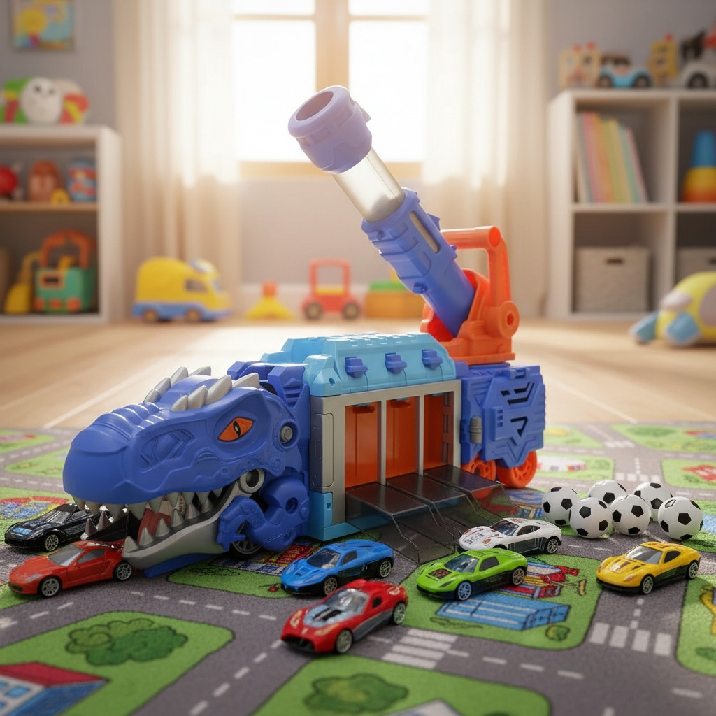 Brinquedo Educativo Caminhão Dinossauro Infantil – Lança Futebol e Carrinhos, Engole Carrinhos, 6 Carrinhos e 6 Bolas