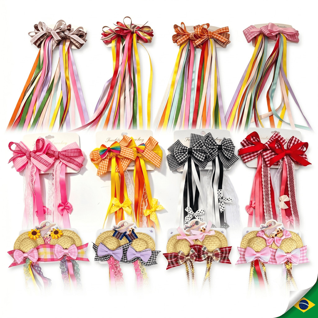 Acessórios De Cabelo Festa Junina Enfeite Caipira Infantil Laço Com Chapéu De Palha E Fitas Coloridas A9