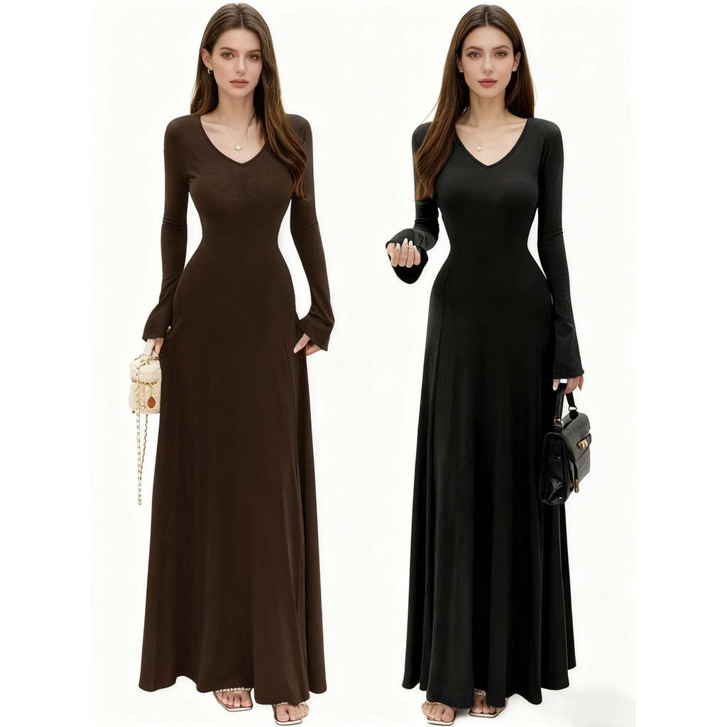 Temperamento alto Drape sentimento com decote em V trompete manga vestido feminino outono inverno cintura estreita mais 