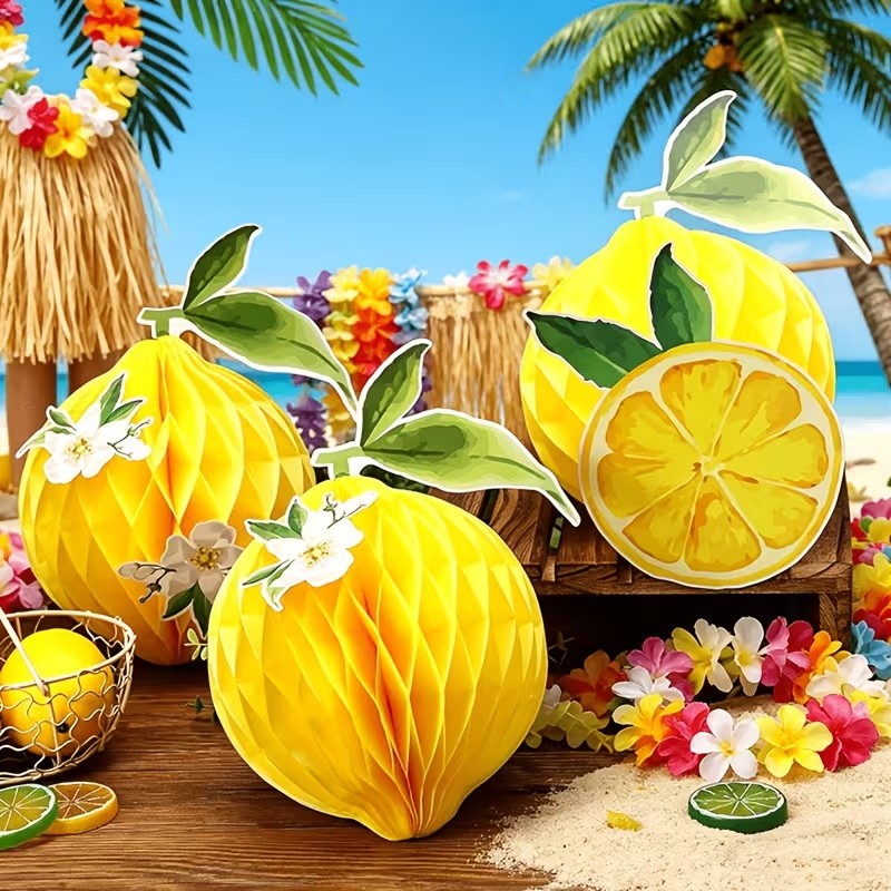 3/6 Peças Bola De Papel Em Formato De Limão , Enfeite De Favo De Mel De Frutas De Verão , Tema Tropical , Decoração De F