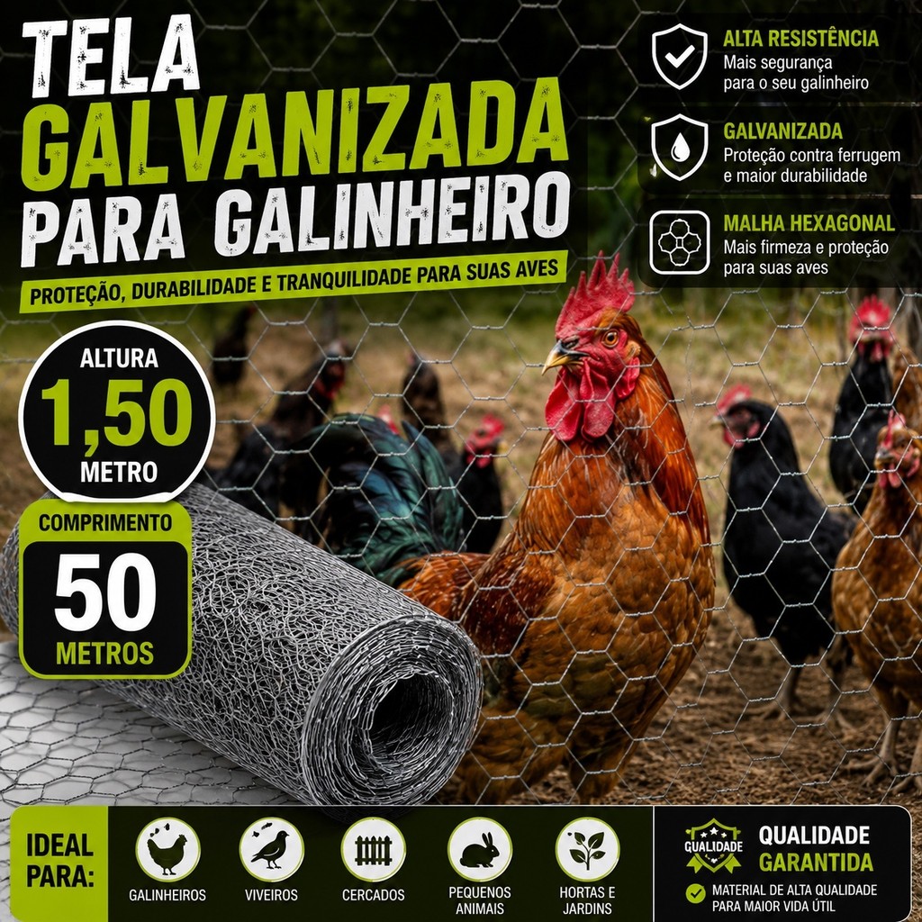 Tela para Galinheiro Galvanizada 1,50m x 50m Rolo de Tela Cercado para Galinhas Aves Viveiro Chiqueirol Rural Resistente