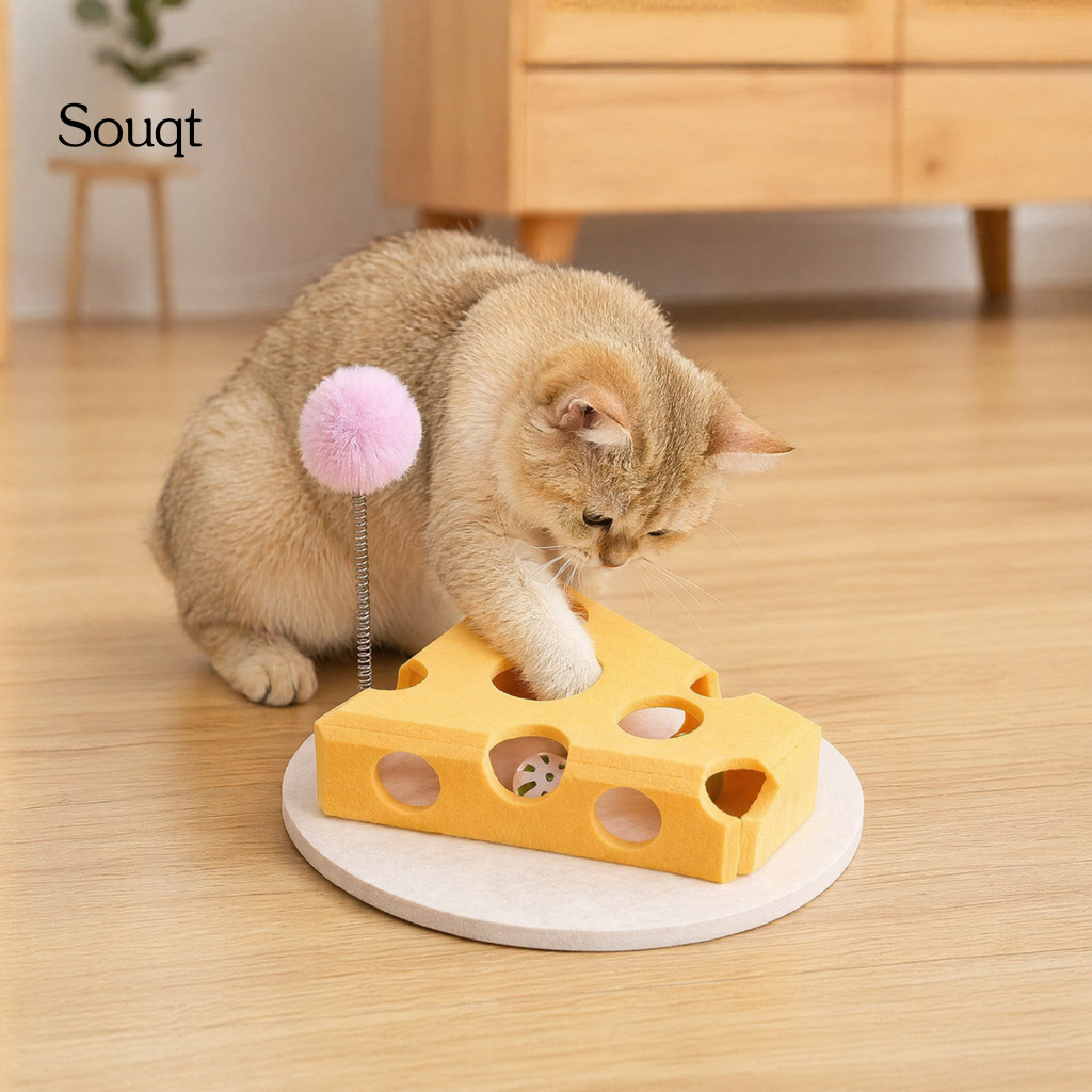 Cheese Shape Cat Toy with 7 Holes Felt Balls Bells Spring Teaser Stick – Hide-and-seek Maze for Indoor Play and Traini