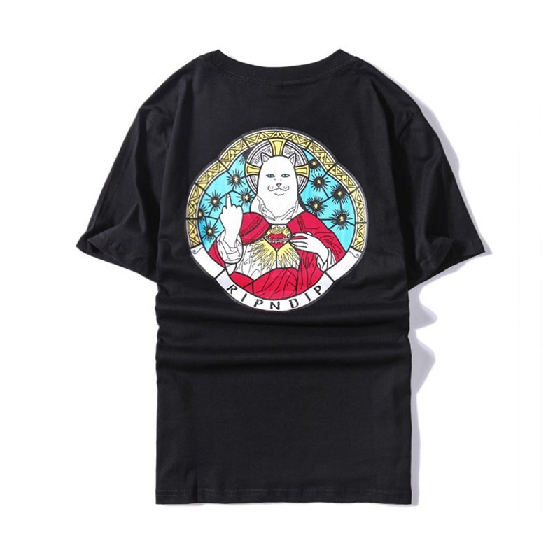American Street Wear Pope Virgem Gato Barato Dedo Médio Gato Em Torno Do Pescoço Gato Manga Curta Impresso T @-
