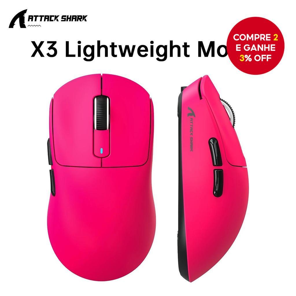 Mouse Gamer Sem Fio Attack Shark X3 Tri-Modo PAW3395 26K DPI Ultra-Leve Botões Programáveis