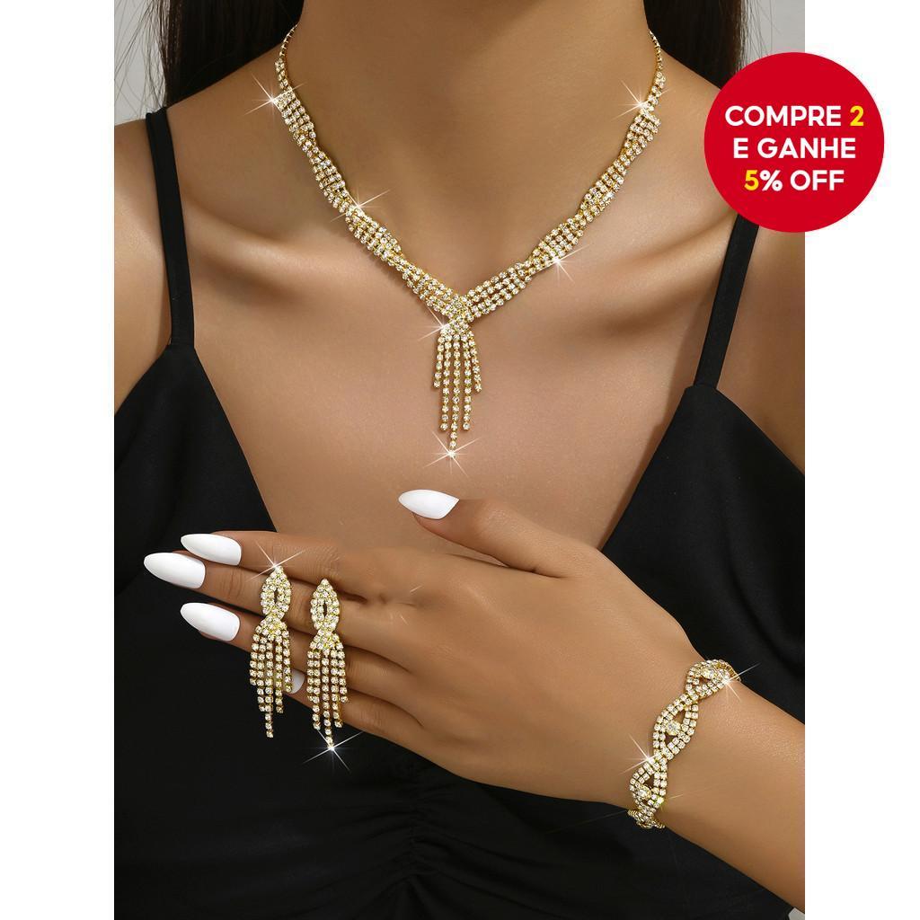 Conjunto De Joias De Strass 4 Peças Para Mulheres , Colar E Brincos Com Corrente De Garra , Casamento Brilhante Presente