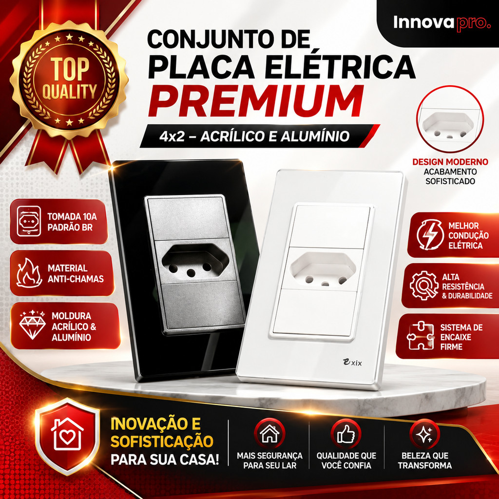 Tomada Modular 10A 110V Premium Placa Acrílico Espelhado Alumínio 4x2 Innova Pro XLX Anti-Chamas