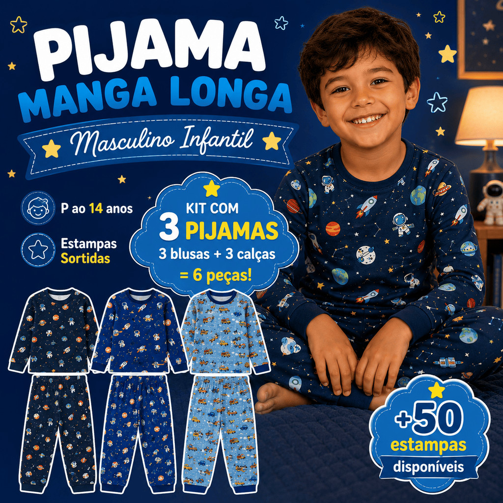 Kit 3 Pijamas Bebê Infantil Criança Manga Longa Inverno Menino Roupa de Dormir 6 Peças Estampas Sortidas