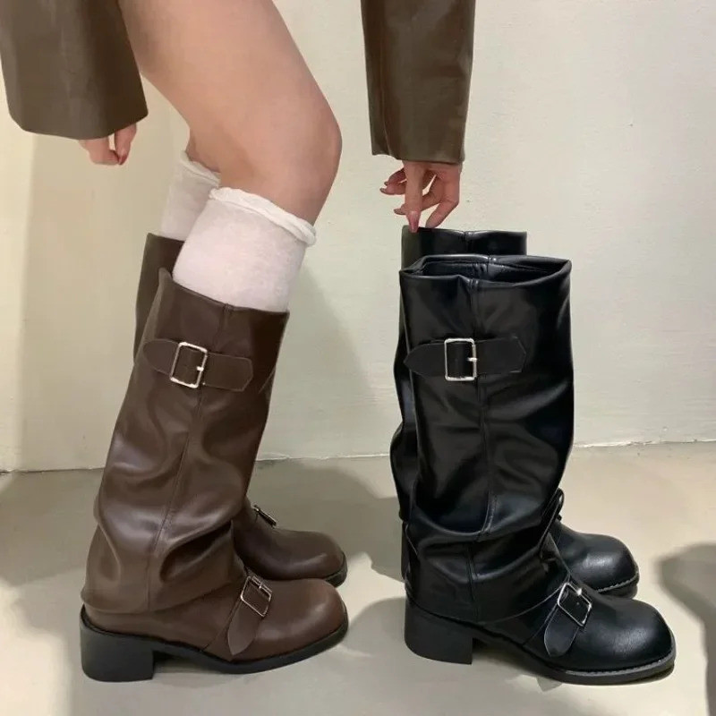 Botas Femininas de Cano Alto com Plataforma e Salto Grosso, Estilo Punk Gótico, Nova Moda Rock, Couro, Calçado Feminino