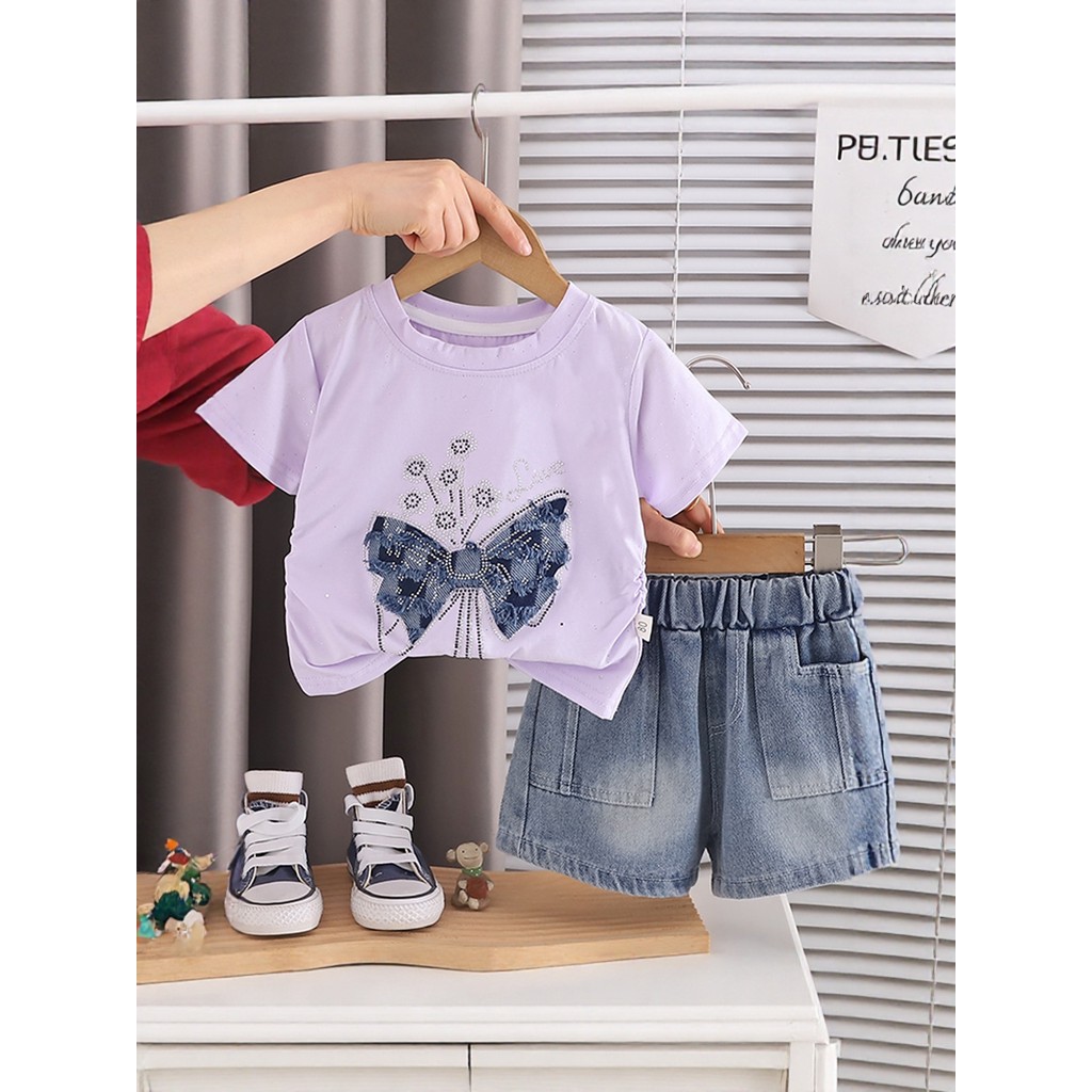 Crianças roupas meninas arco de manga curta Denim Shorts terno do bebê crianças moda roupas de verão do bebê meninas est